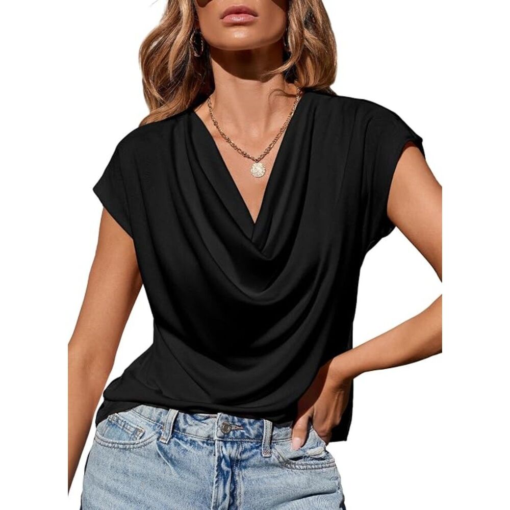 EVALESS Women's Cowl Neck Short Sleeve Top Dressy Casual Blouse